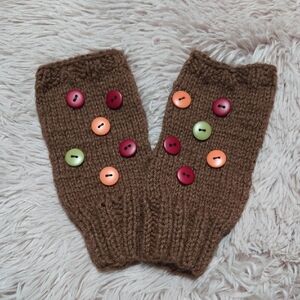 BRAND NEW Handknit Brown Knit Fingerless Gloves Mittens Colorful Buttons